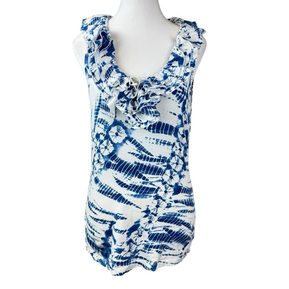 Lauren Ralph Lauren Blue and White Ruffled Sleeveless Top Size Medium